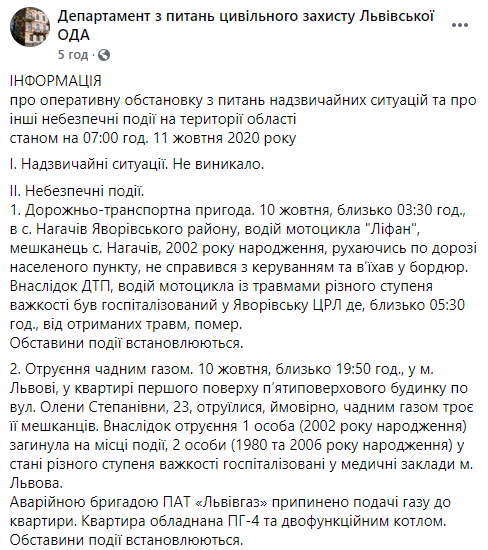 Во Львове из-за отравления угарным газом погиб один человек, двое госпитализированы. Скриншот: Львовская ОГА в Фейсбук